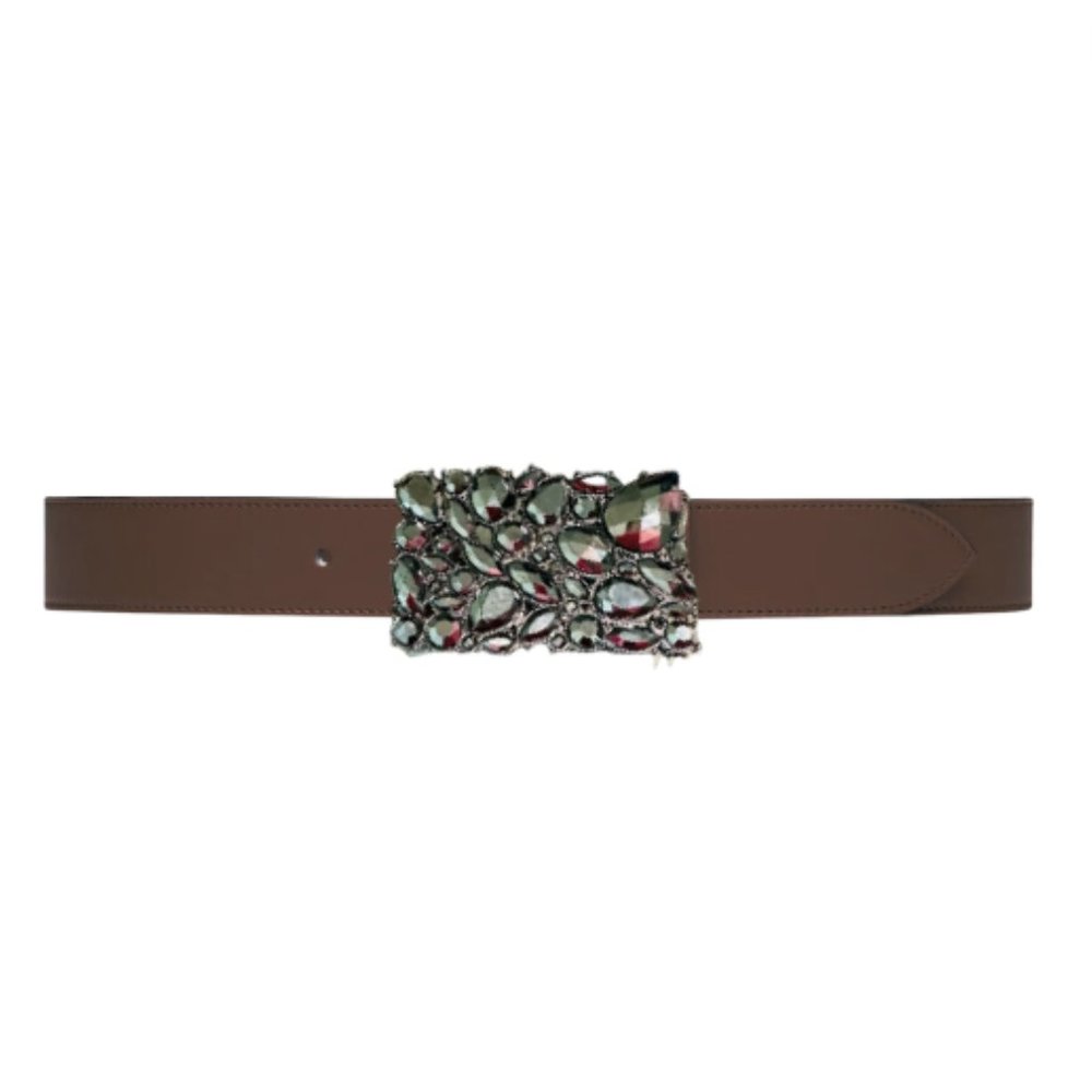 NEW Blackstone Leather Belt Silver Black Gemstone Buckle SZ LARGE